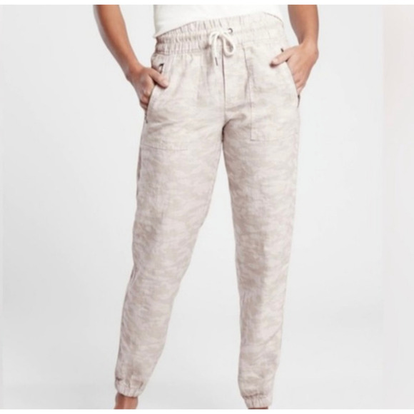 Athleta Cabo Tide Linen Joggers Size 6 Camo Zip Pockets Textured Casual - Picture 1 of 8
